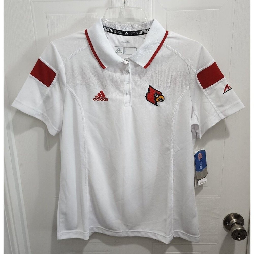 NEW Adidas Womens Louisville Cardinals Climalite Short Sleeve Polo Shirt White L